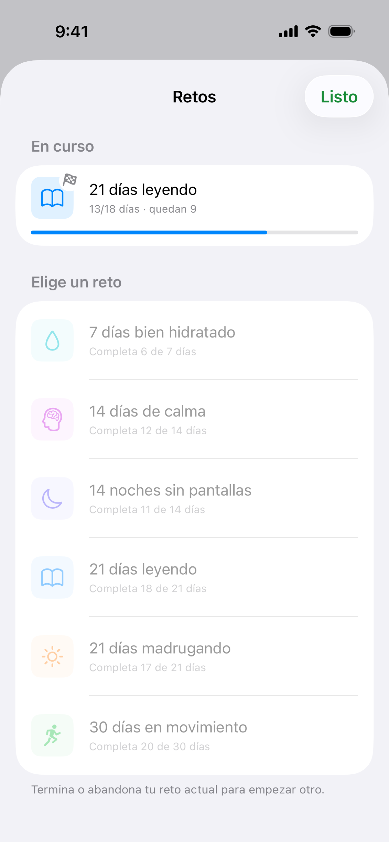 Pantalla de retos de Habit