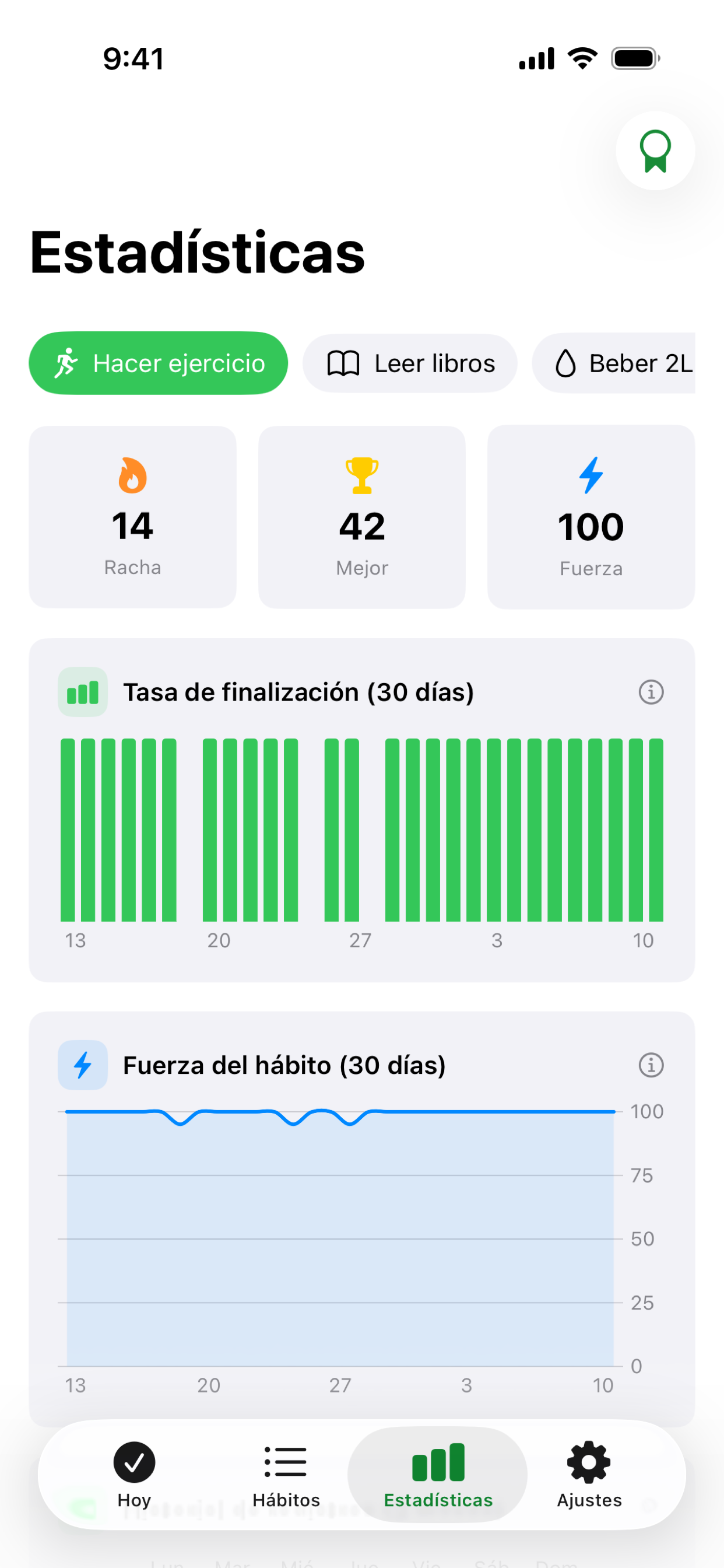 Pantalla de estadísticas de Habit