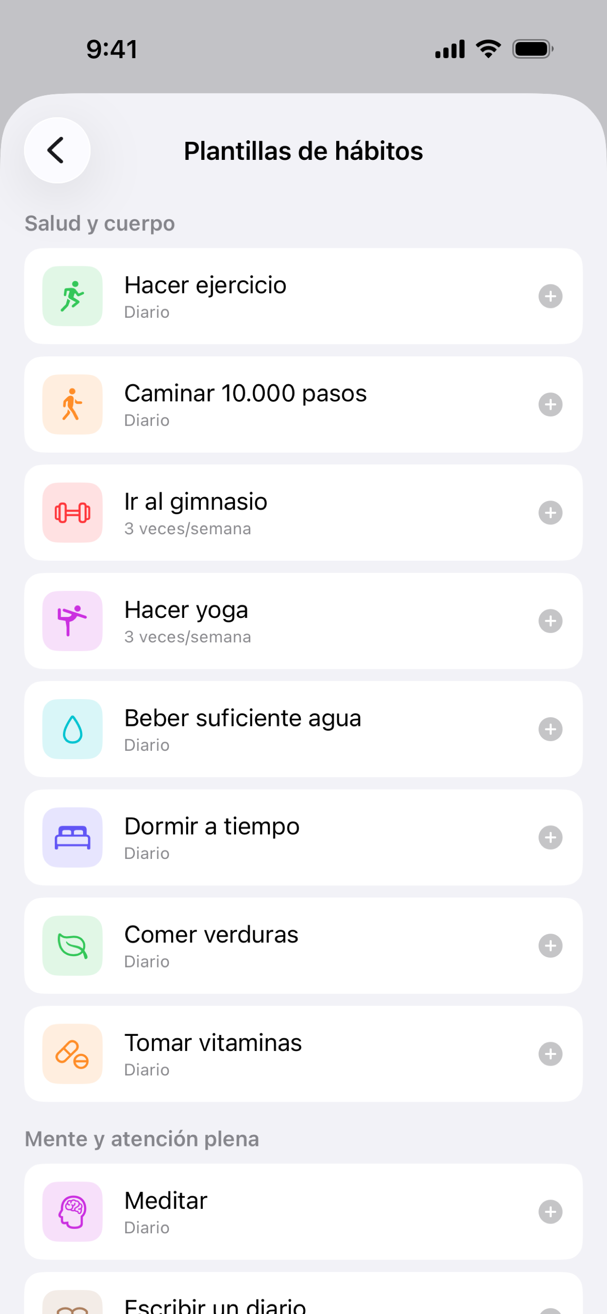 Pantalla de plantillas de hábitos de Habit