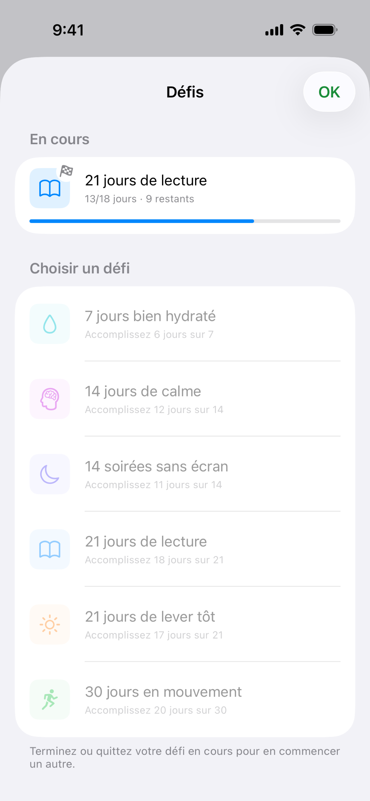 Écran des défis de Habit