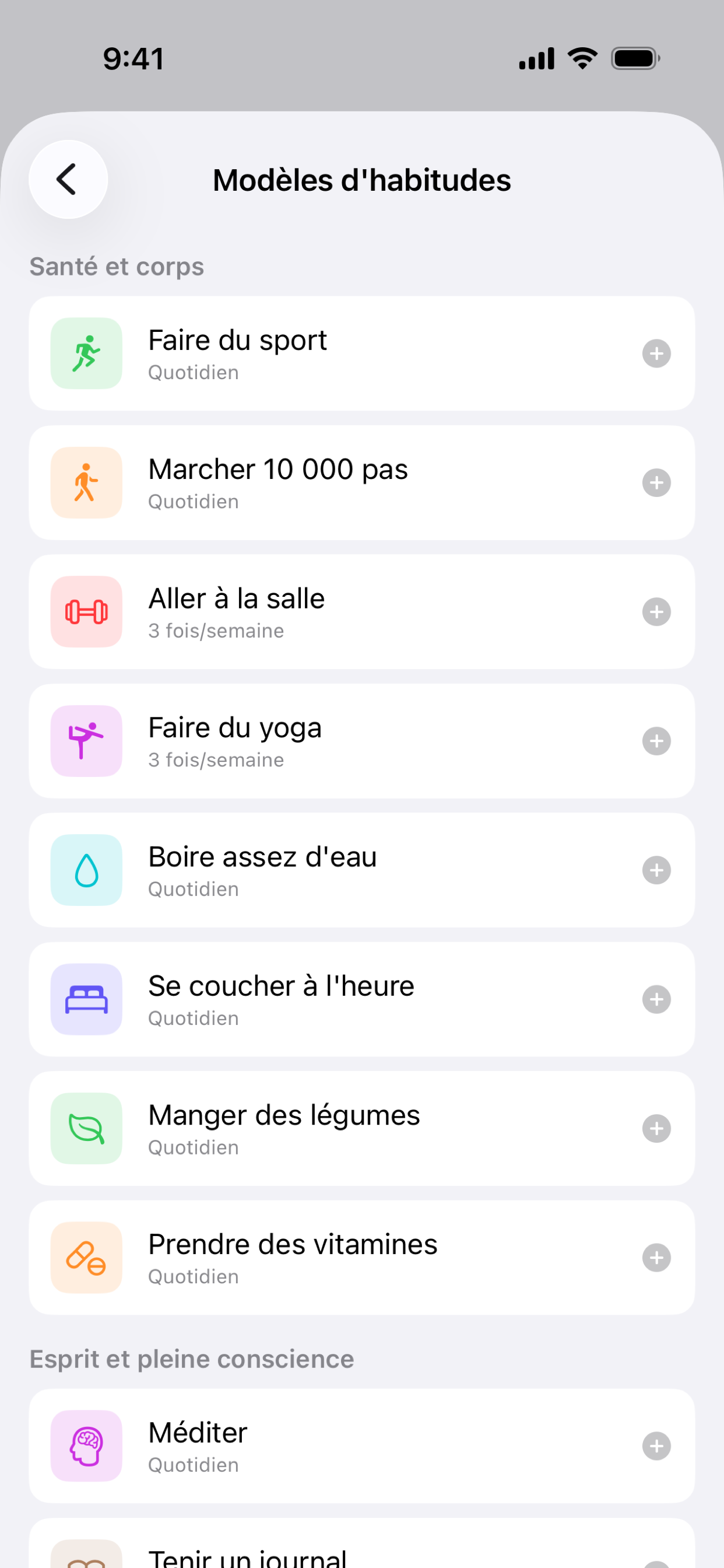 Écran des modèles d'habitudes de Habit