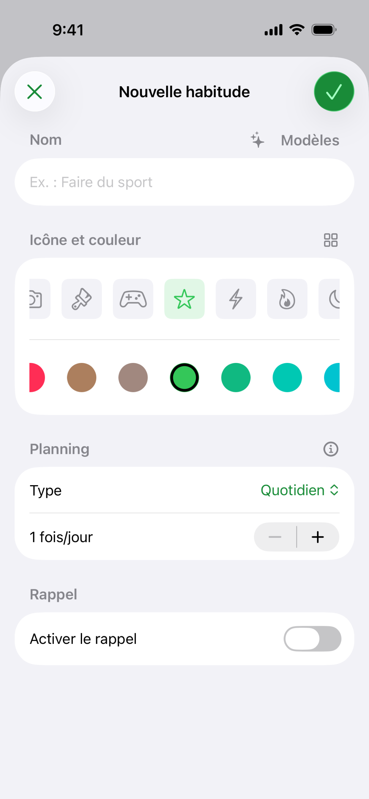 Écran de nouvelle habitude de Habit