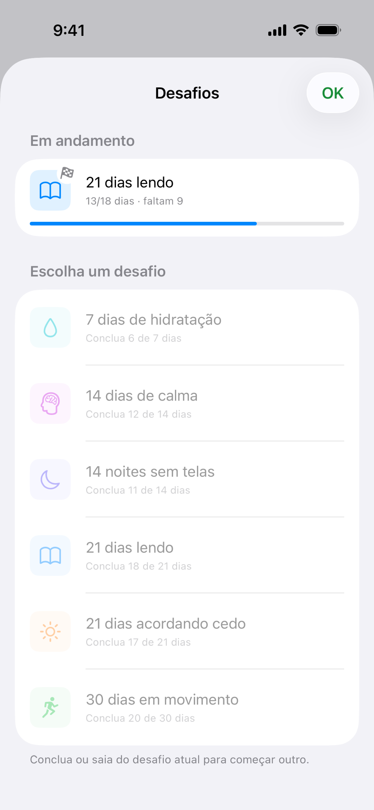 Tela de desafios do Habit