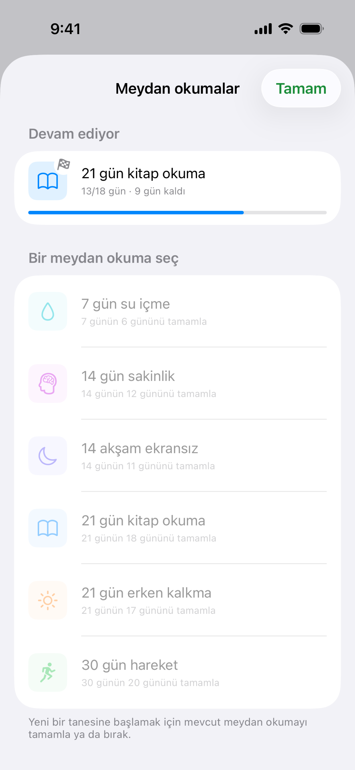 Habit meydan okumalar ekranı