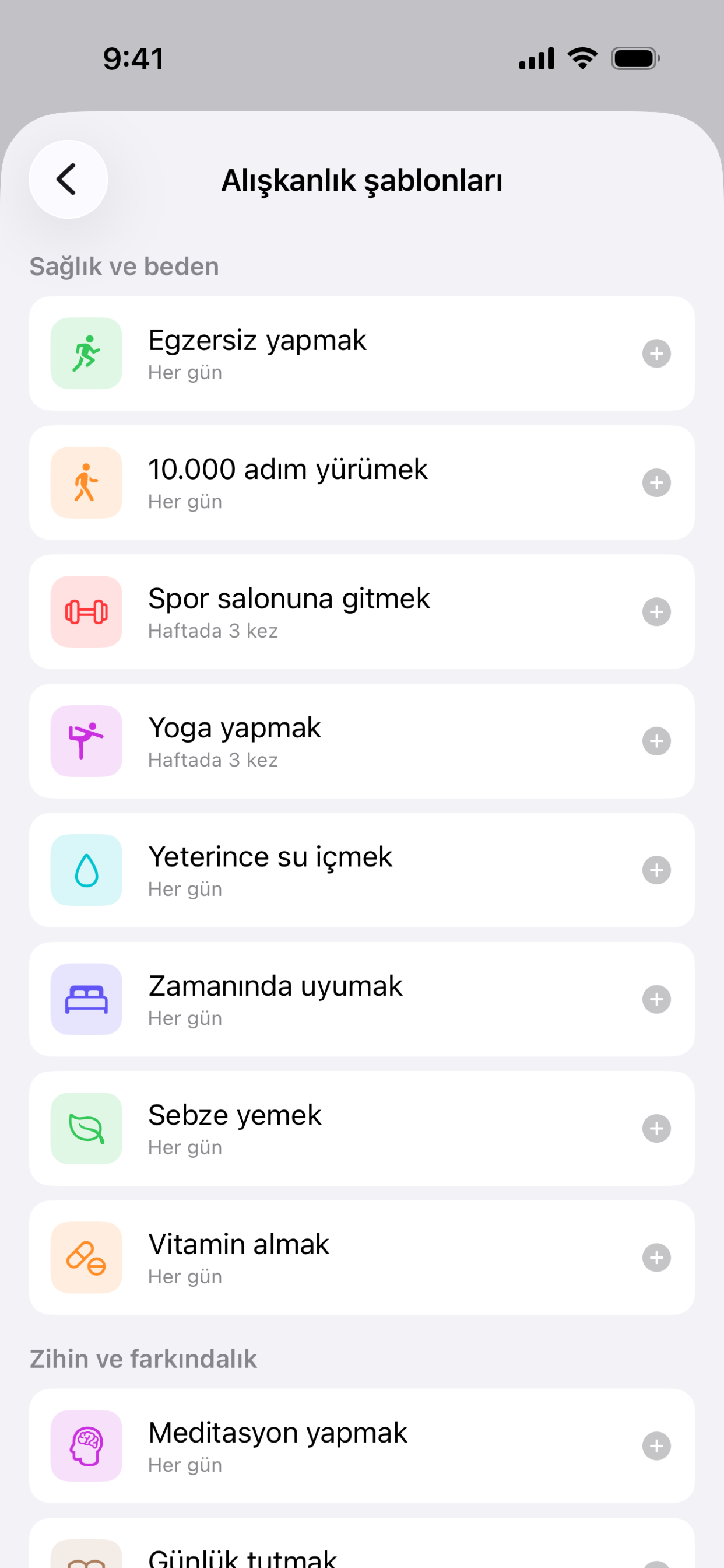 Habit alışkanlık şablonları ekranı