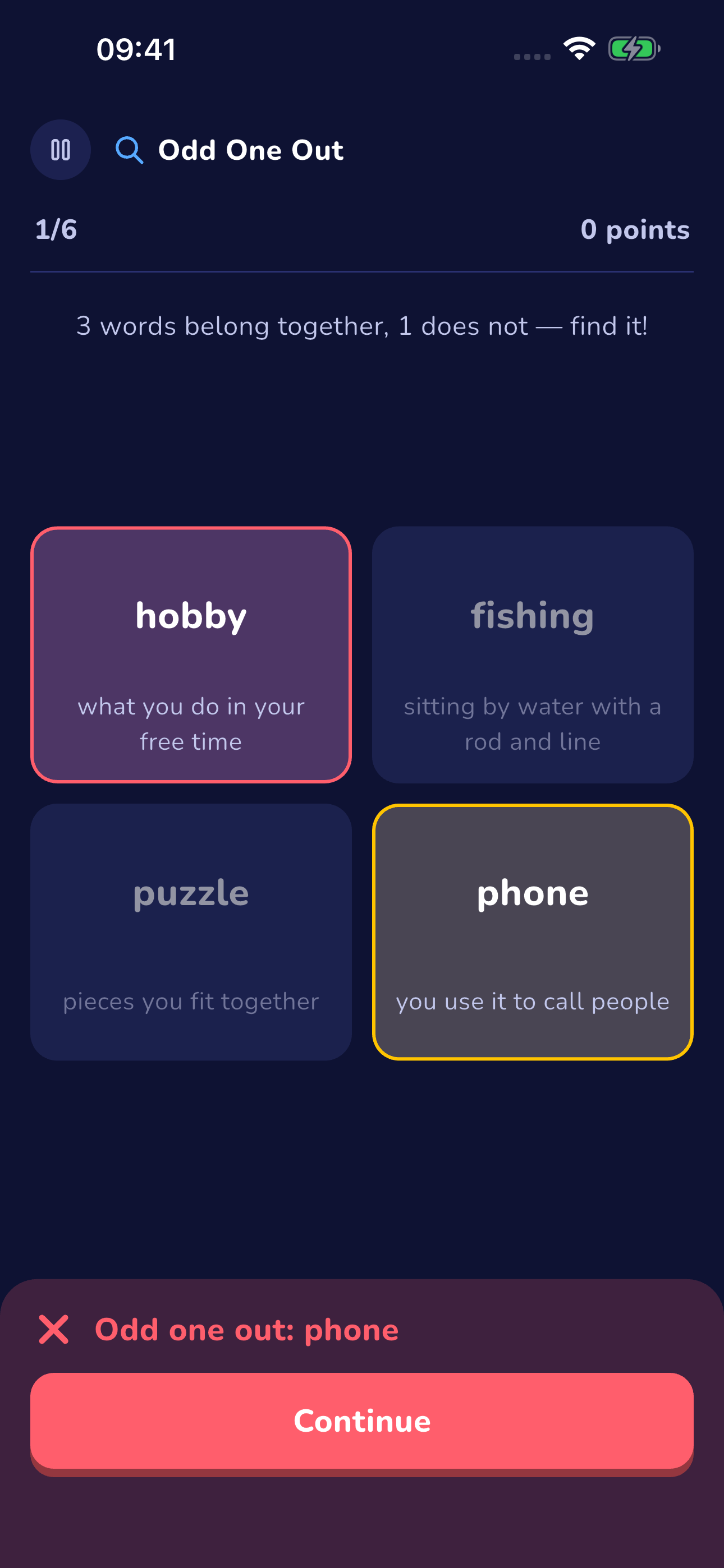 Odd One Out game: find the word from another topic