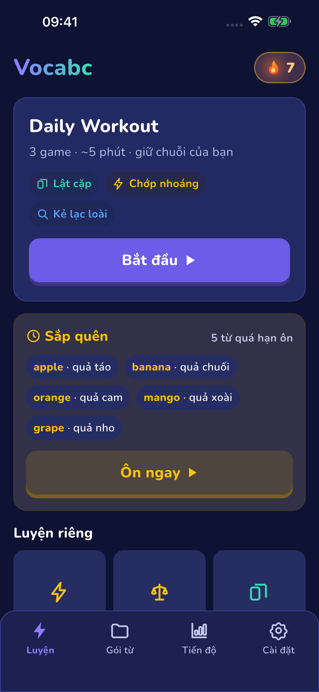 Màn hình chính với Daily Workout và chuỗi streak
