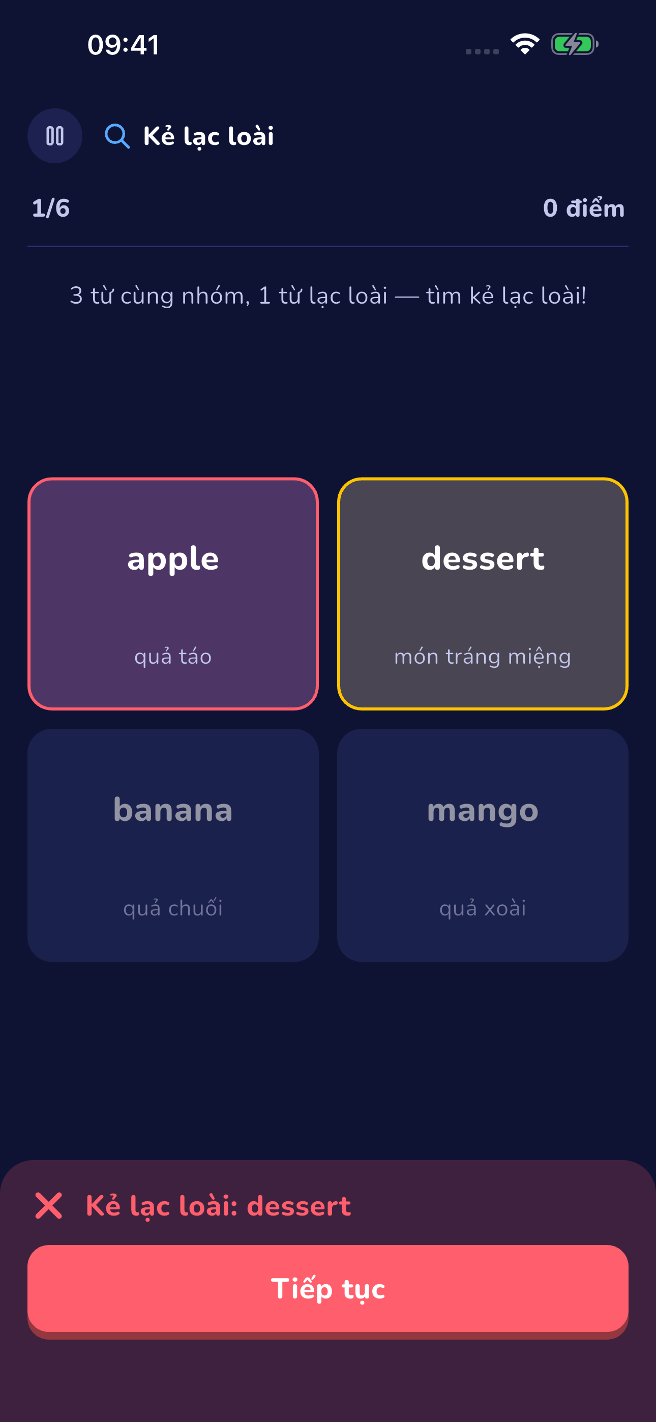 Game Kẻ lạc loài tìm từ khác chủ đề