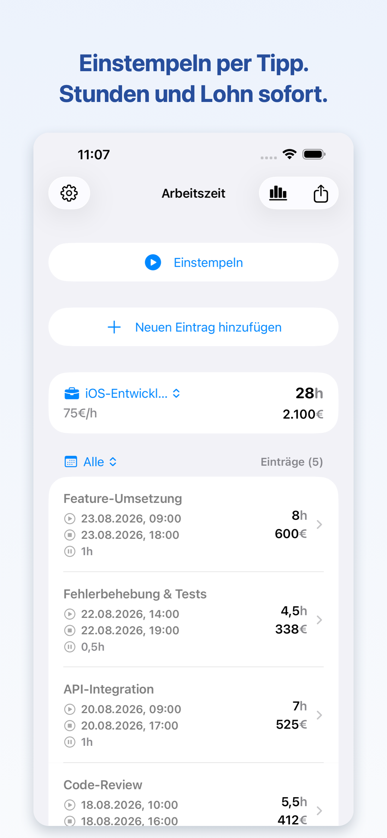 WorkLog Startbildschirm