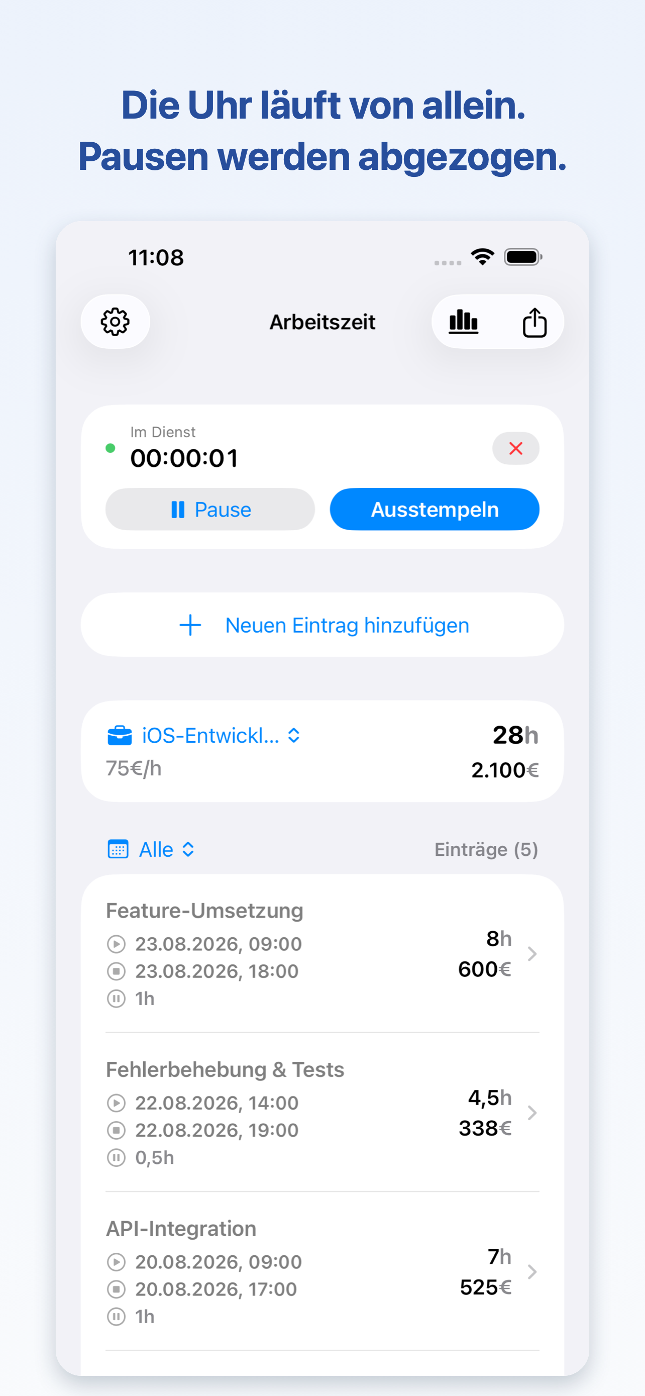 WorkLog Bildschirm mit laufender Schicht