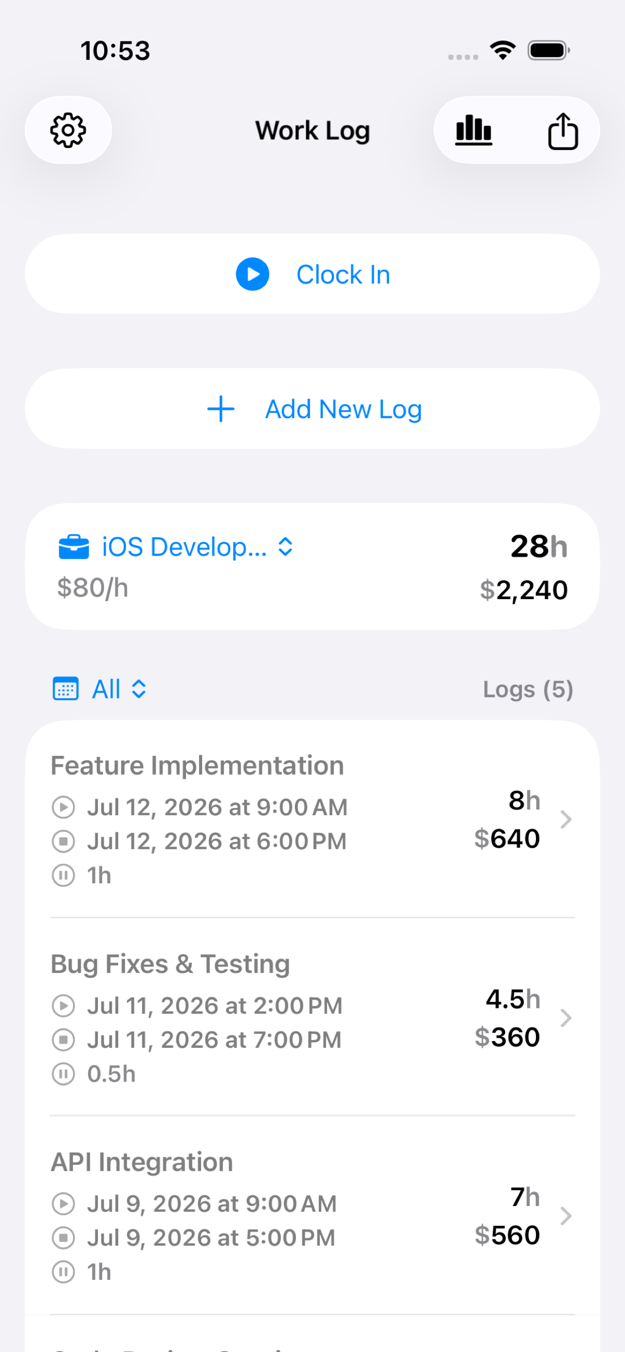 WorkLog home screen