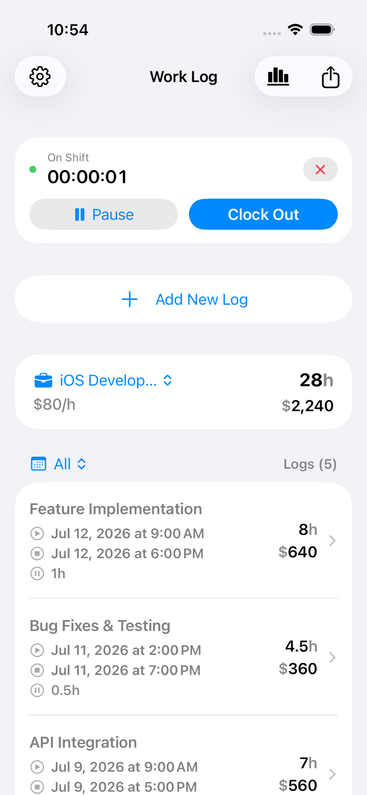 WorkLog live shift tracking screen