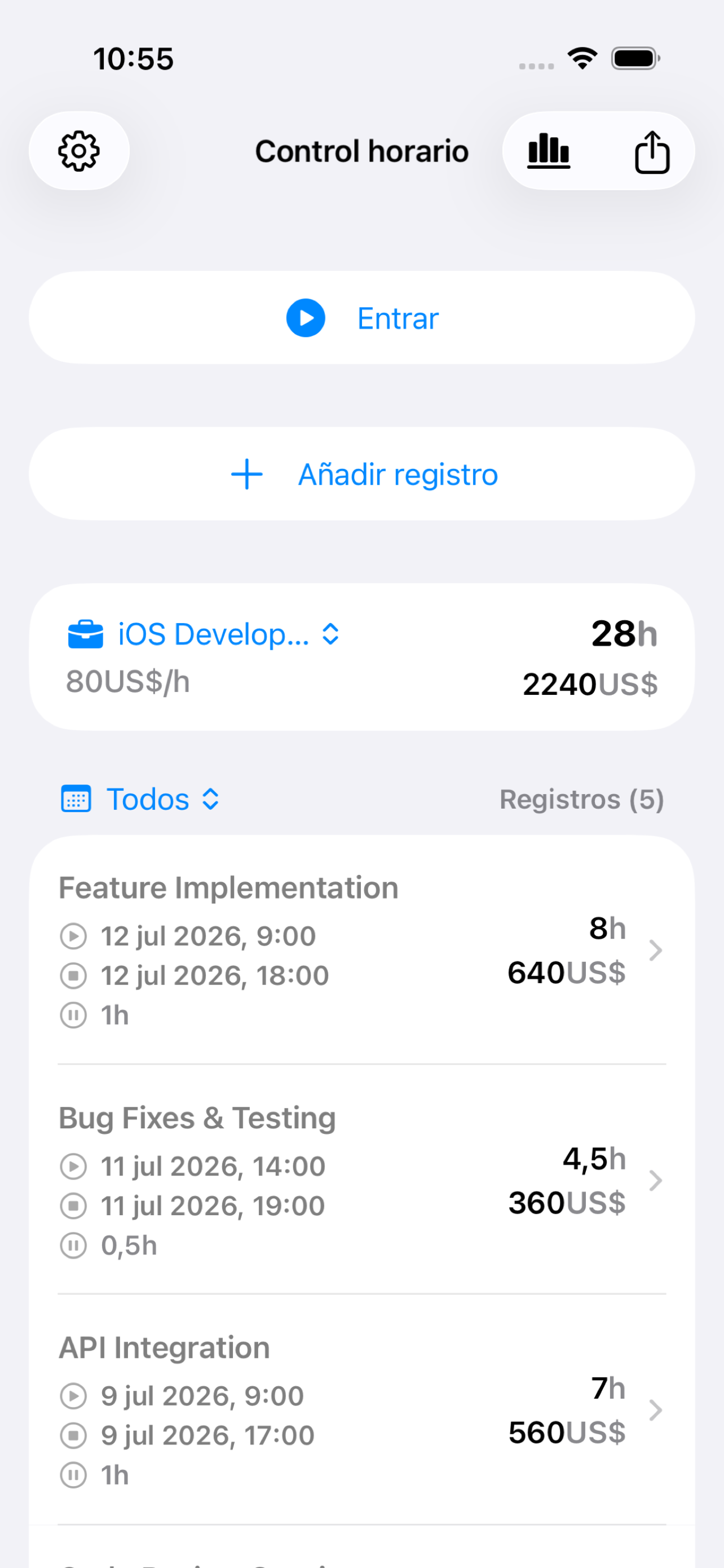 Pantalla principal de WorkLog