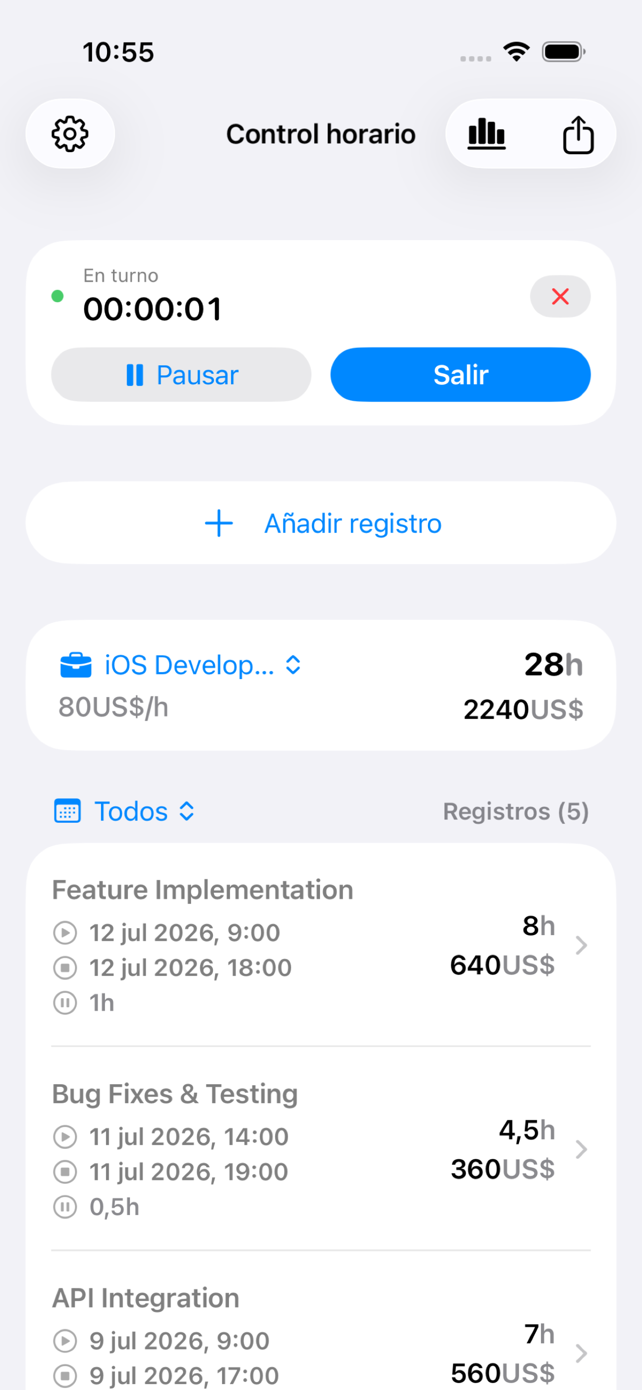 Fichaje en tiempo real de WorkLog