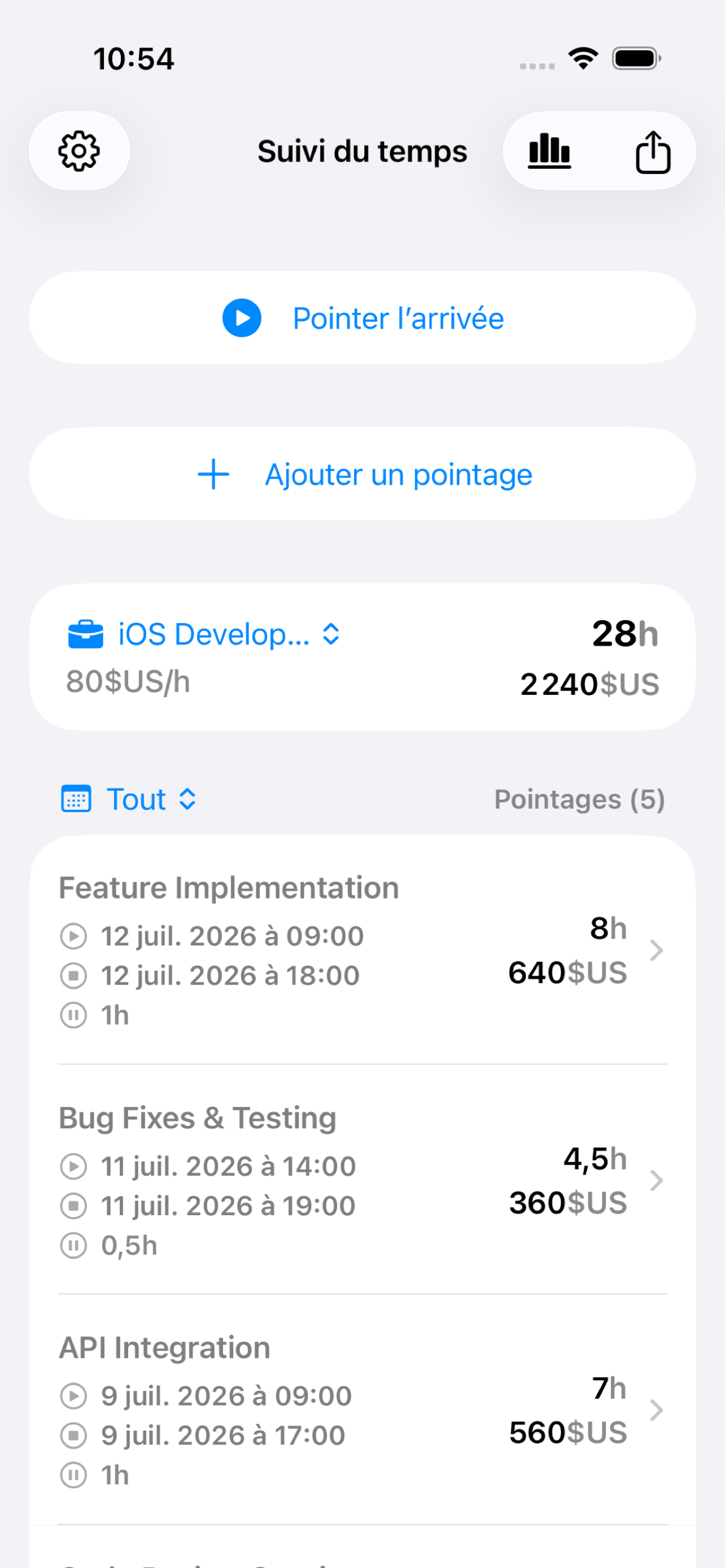 Écran d'accueil de WorkLog