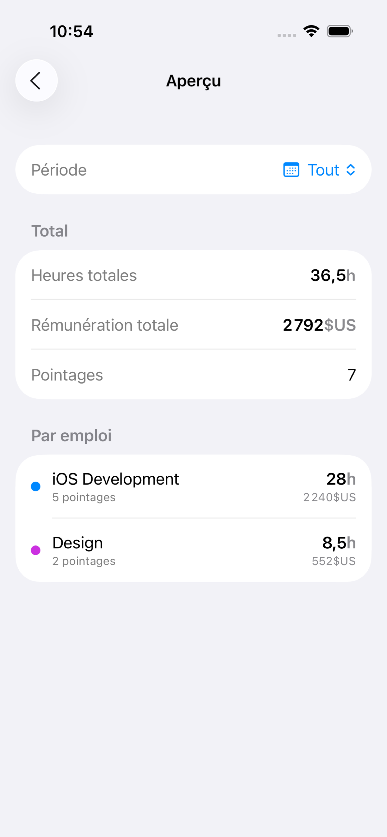 Aperçu multi-emplois de WorkLog