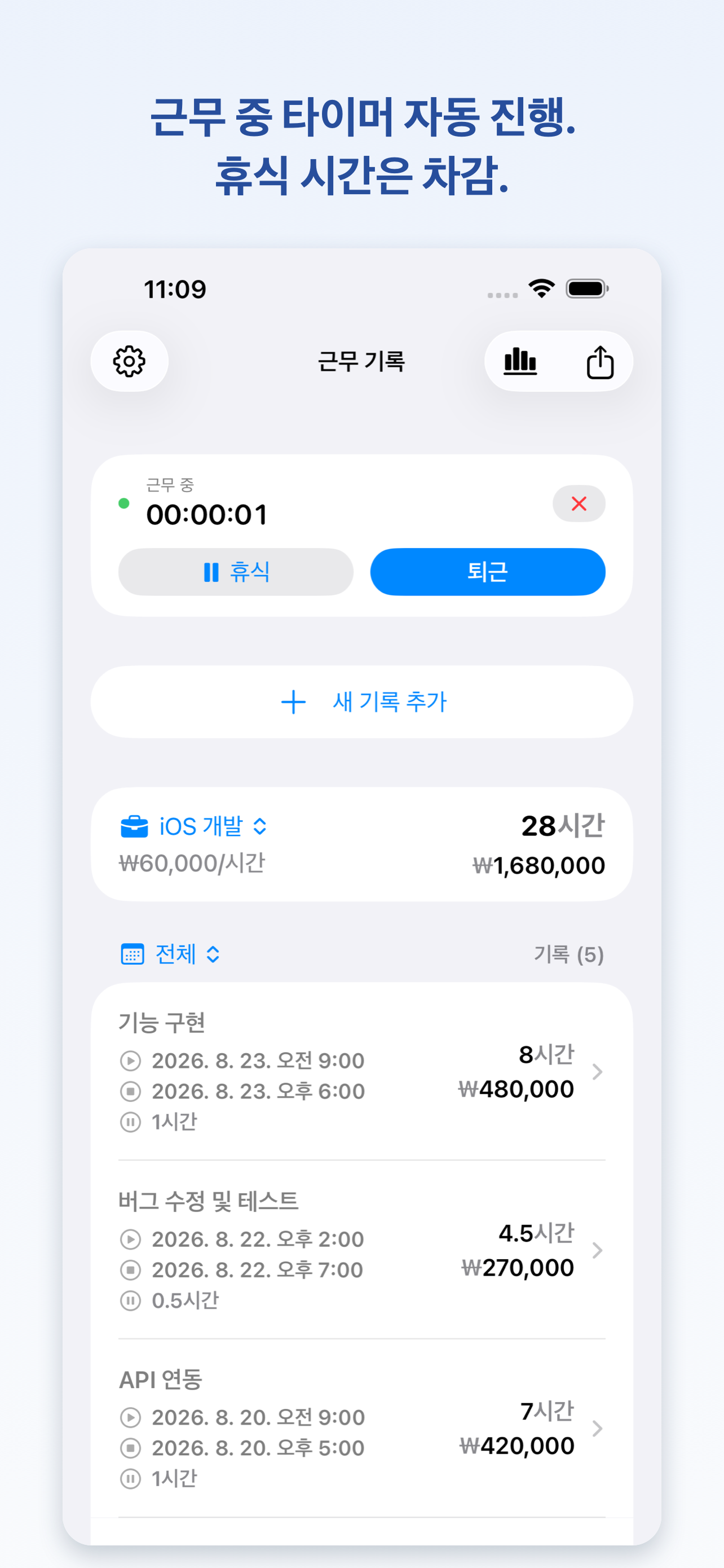 WorkLog 실시간 근무 화면