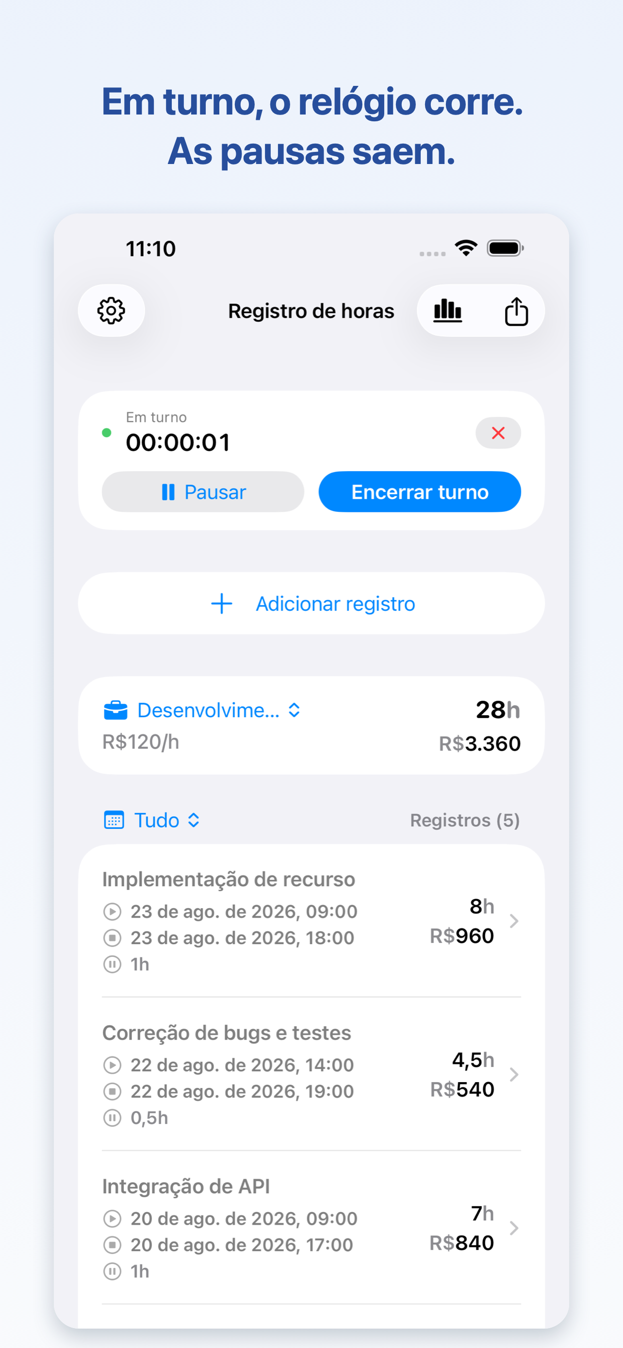 Tela de turno em andamento do WorkLog