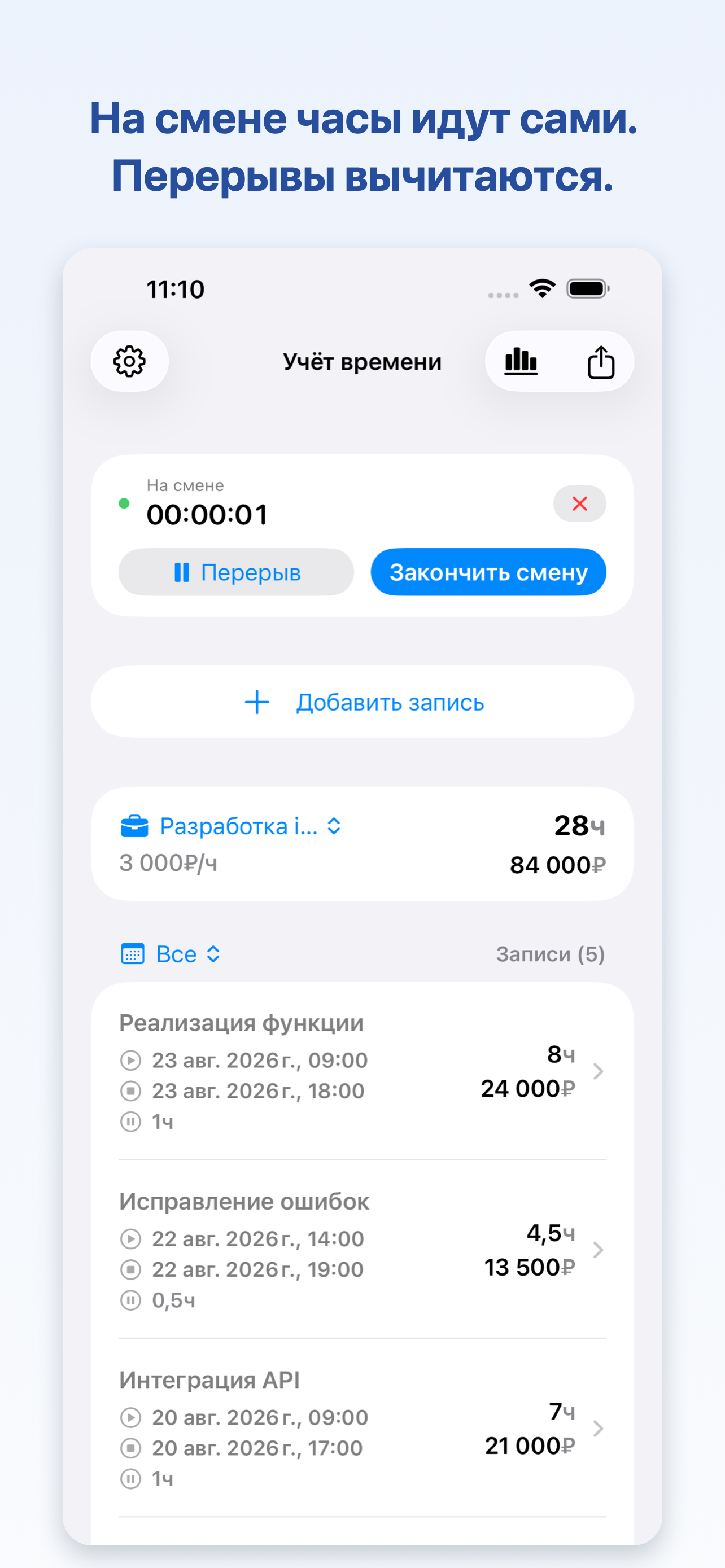 Экран текущей смены в WorkLog