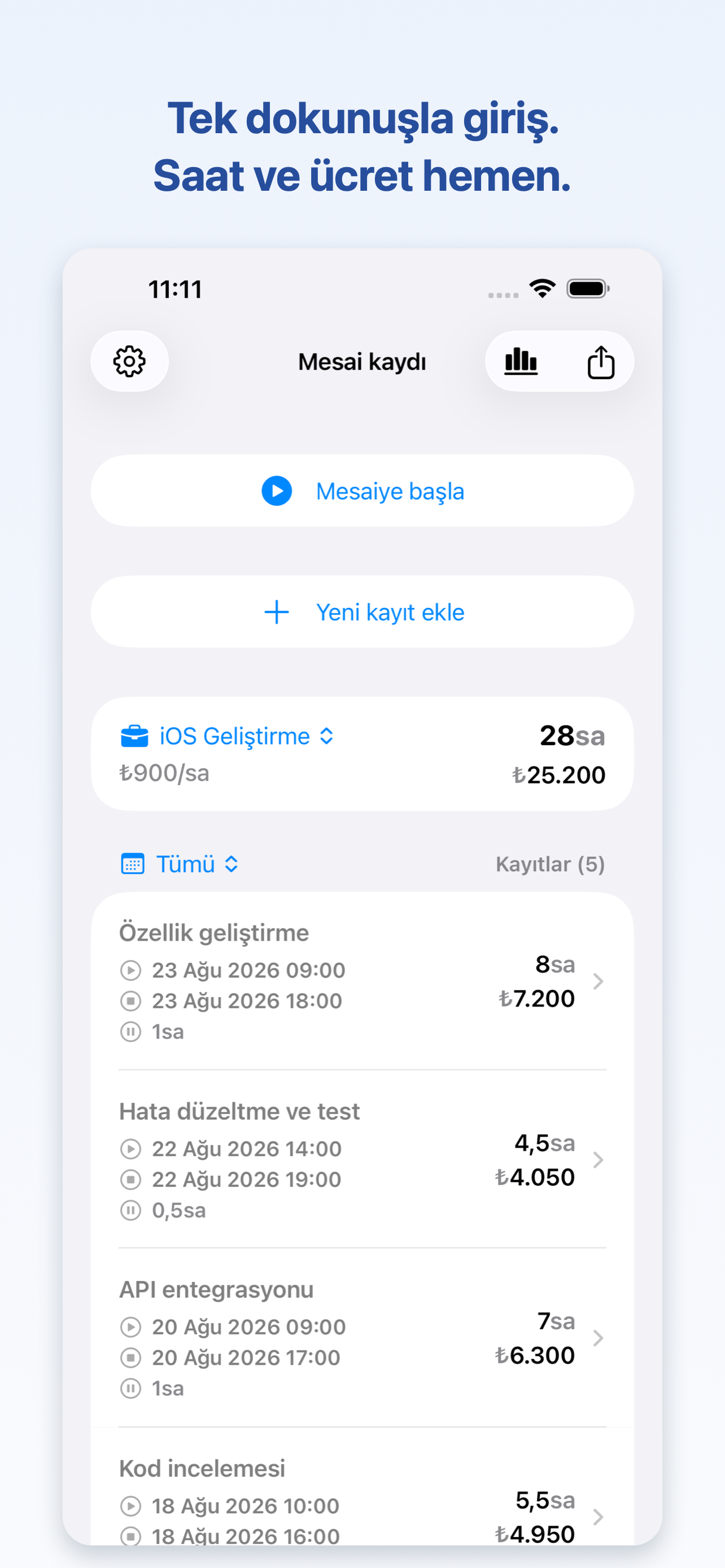WorkLog ana ekranı