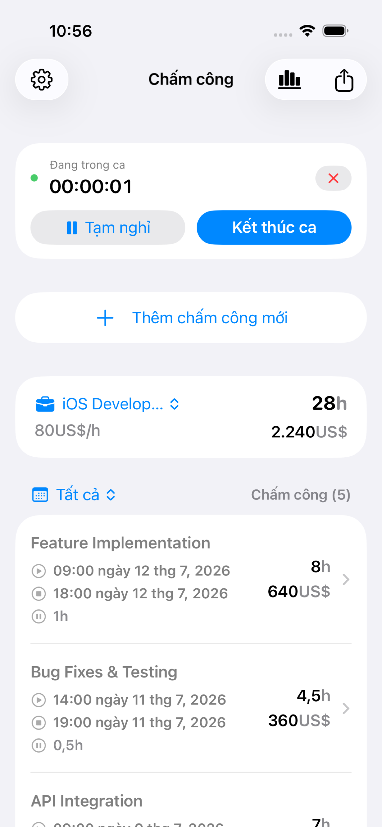 WorkLog theo thời gian thực